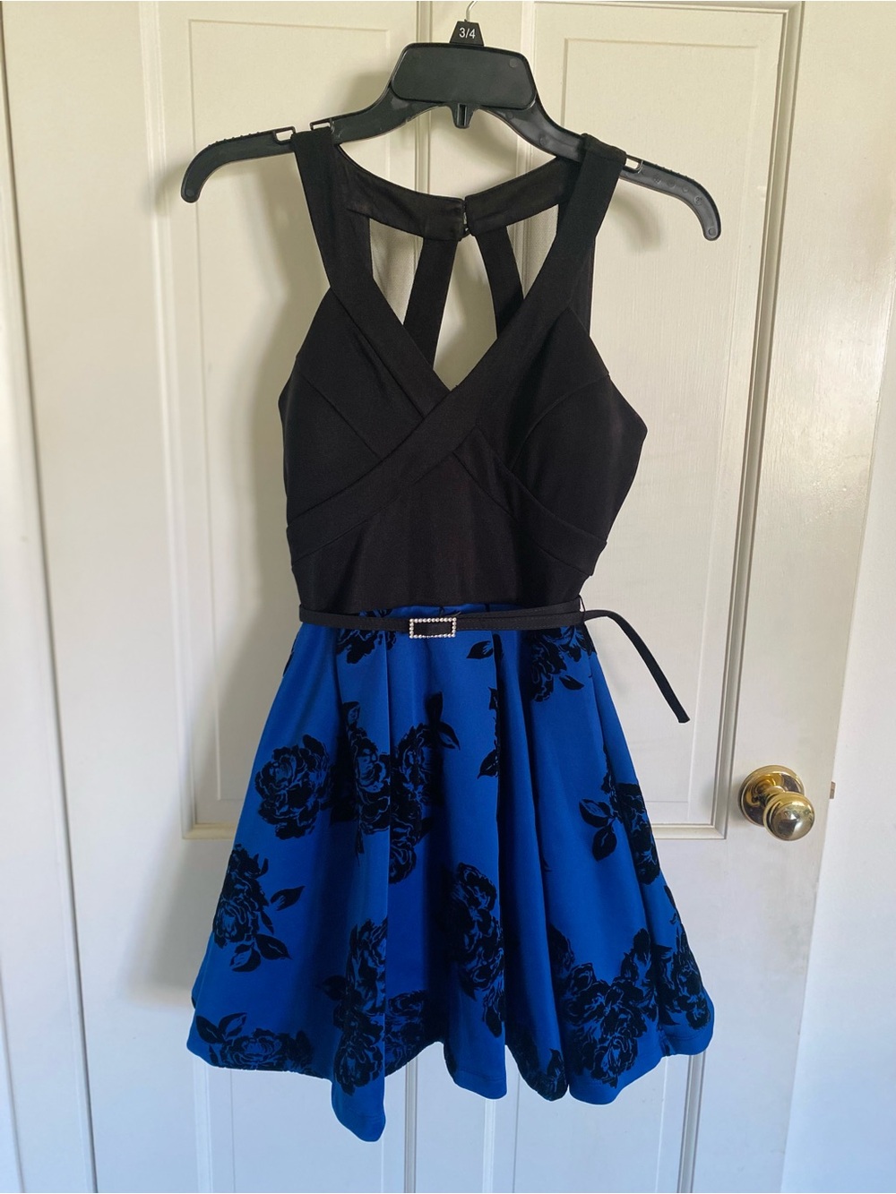 Crystal Doll Floral Mini Dress Black and Royal Blue